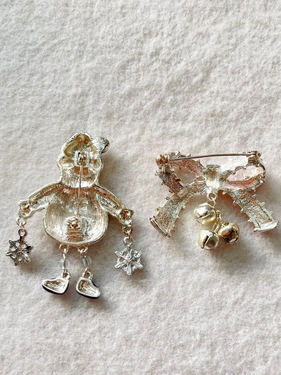 Snowman and Red Bow with Bells Christmas Brooches - image 4