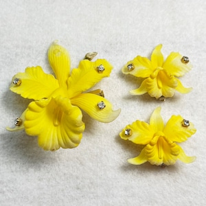 1950&#39;s Plastic Hawaiian Dendrobium Orchid Brooch and Clip On Earrings (READ THE DESCRIPTION)