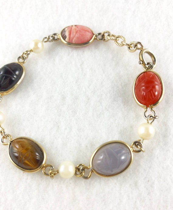 Vintage Scarabs and Real Pearls Bracelet - image 3