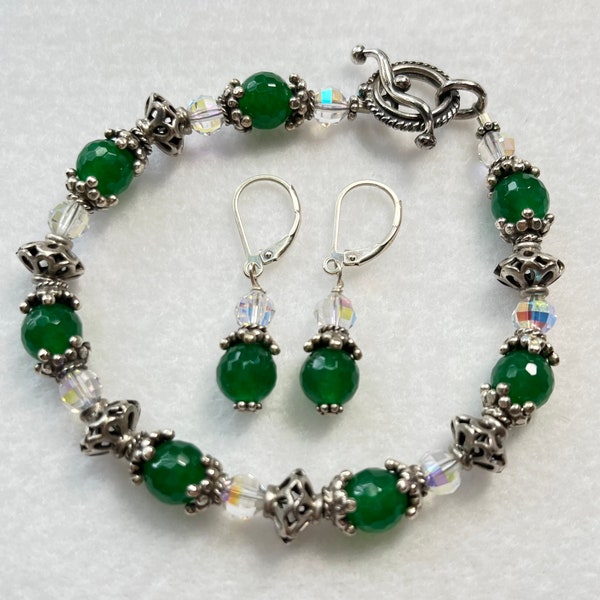 Silver Plated Vibrant Green Stone Beads Bracelet and Matching Earrings