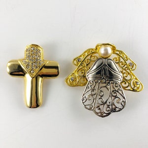 Large Gold Tone and Silver Tone Angel Brooch and Gold Tone with Rhinestones Cross Brooch