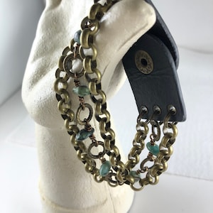 3 Strand Chain and Beaded with Mexican Turquoise and Black Leather Bracelet