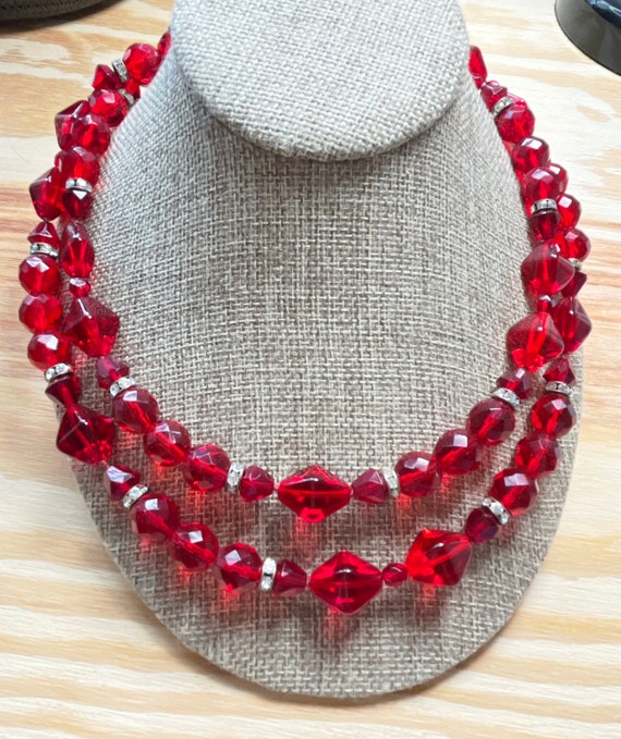 Vibrant Red Glass Mixed Sizes Beaded Long Necklace