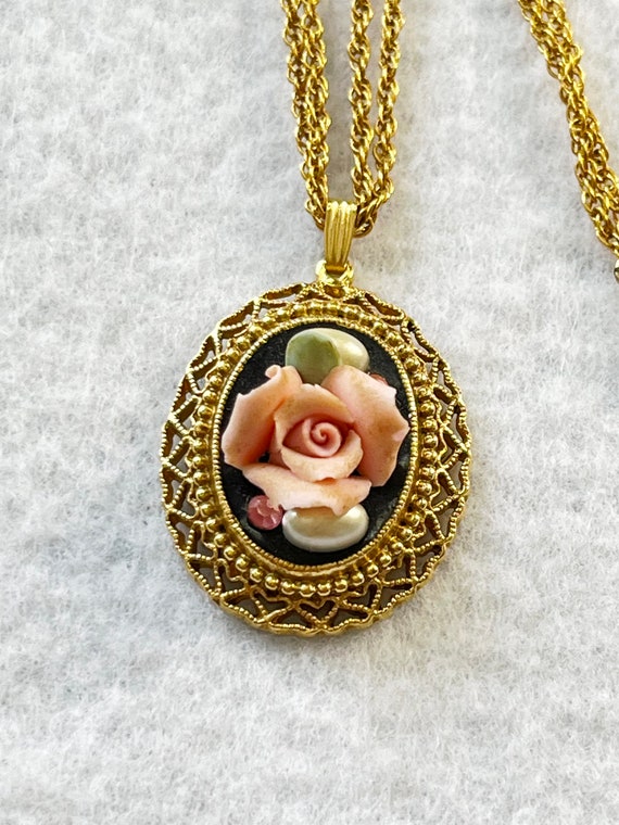 Ceramic Pink Rose Pendant Choker by 1928