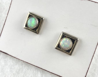 Square Sterling Silver Post Earrings with Man Made Opals