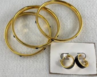 Black and Gold Tone Pierced Earrings with Three Bangle Bracelets by Monet