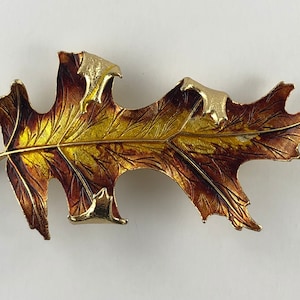 Large Gold Tone Enameled Fall Leaf Brooch