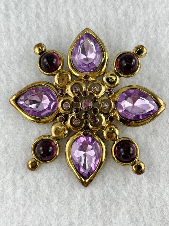 Large Two Tone Purple and Gold Tone Brooch