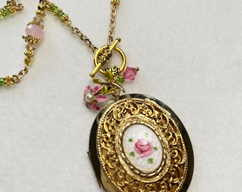 Miss Rose in Gold Tone and Pink Locket Necklace