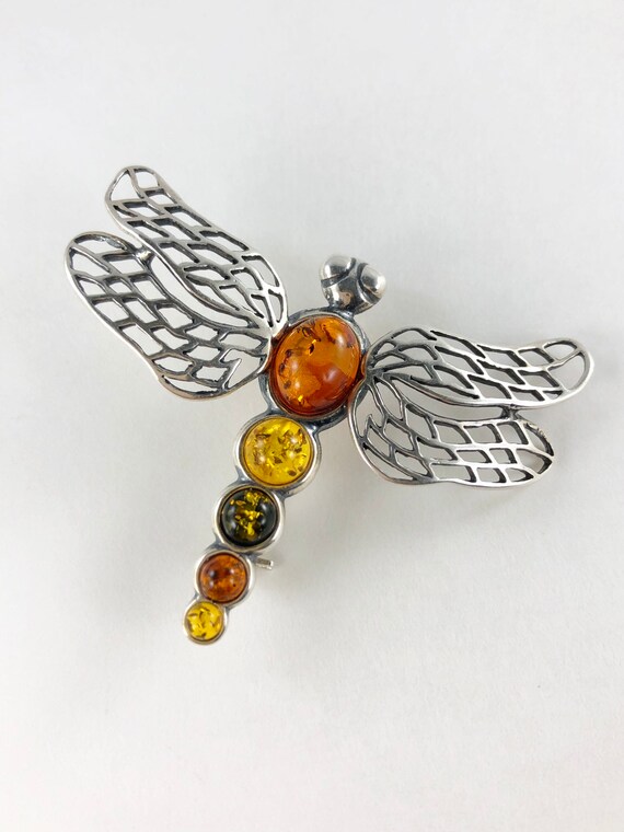 Tri Colors Amber dragonfly brooch 925 Silver - image 6