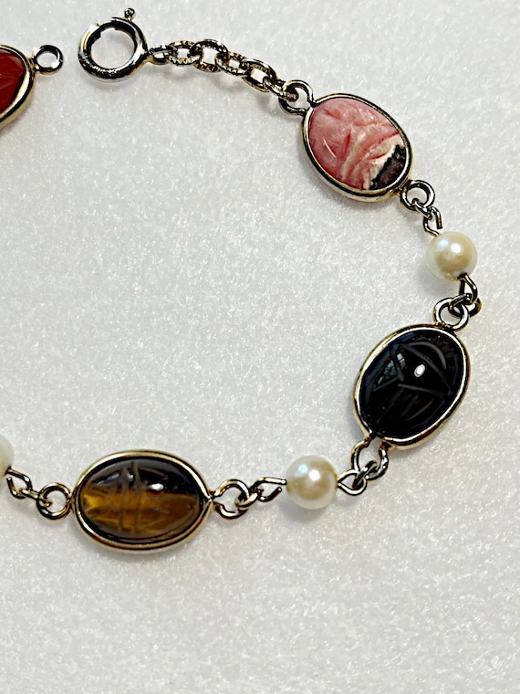 Vintage Scarabs and Real Pearls Bracelet - image 8