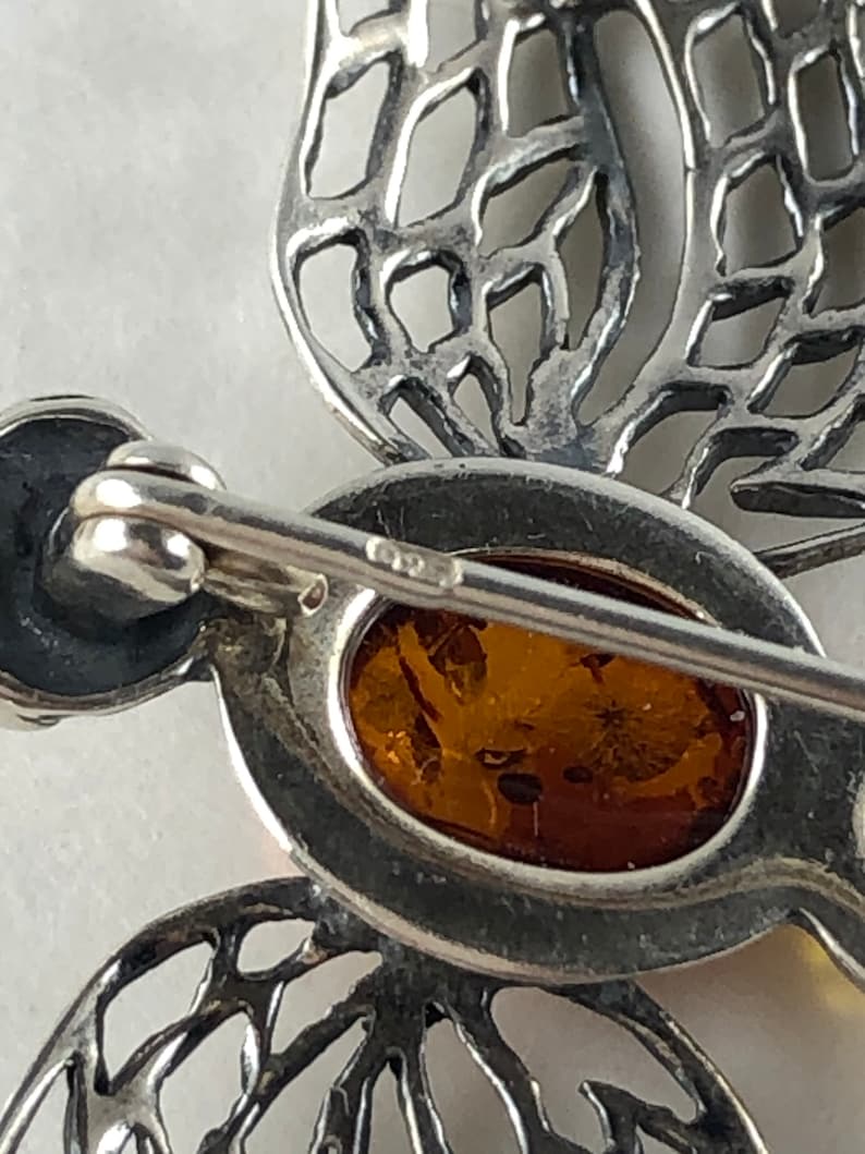 Amber dragonfly brooch 925 Silver