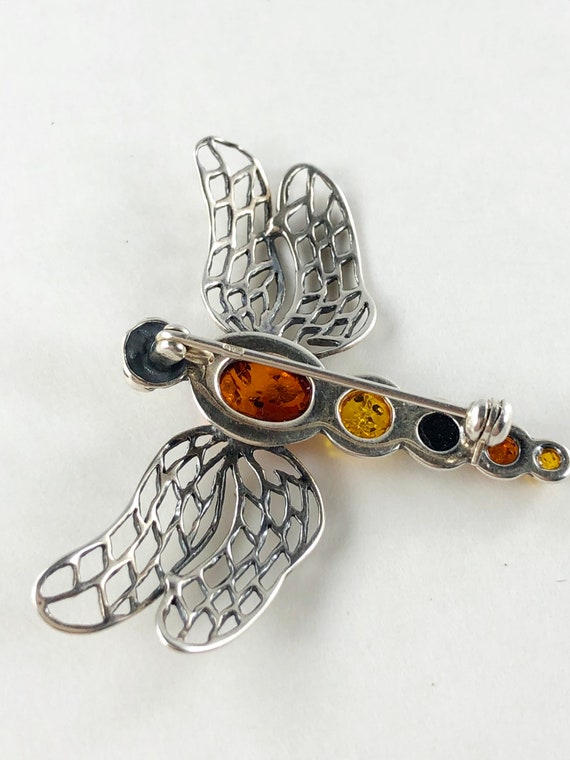 Tri Colors Amber dragonfly brooch 925 Silver - image 3