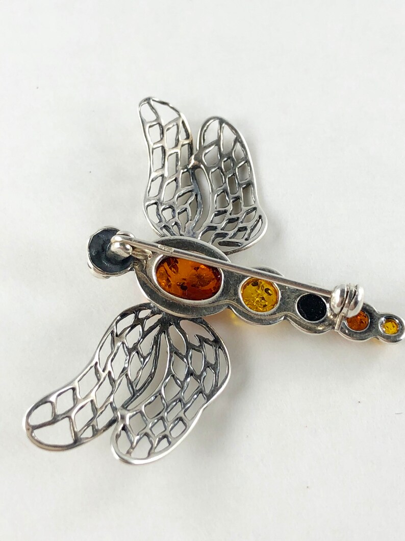 Amber dragonfly brooch 925 Silver