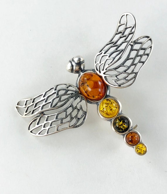 Tri Colors Amber dragonfly brooch 925 Silver - image 2