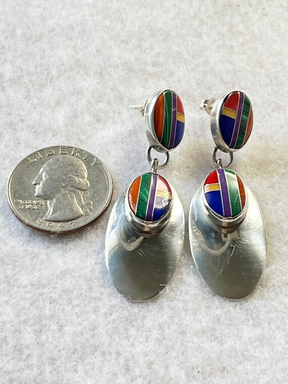 Navajo Sterling 925 Inlay Dangle Earrings - image 3