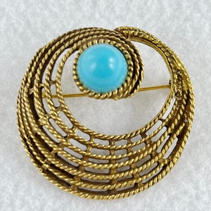 Antique Gold Tone Plating with Faux Turquoise Focal Spiral Brooch