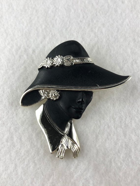 Silver Tone and Black Modern Lady Brooch Signed To