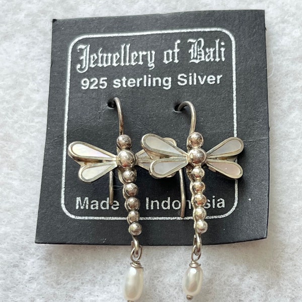 Sterling and Mother of Pearl with Pearl Dangle Dragonfly Earrings From Bali