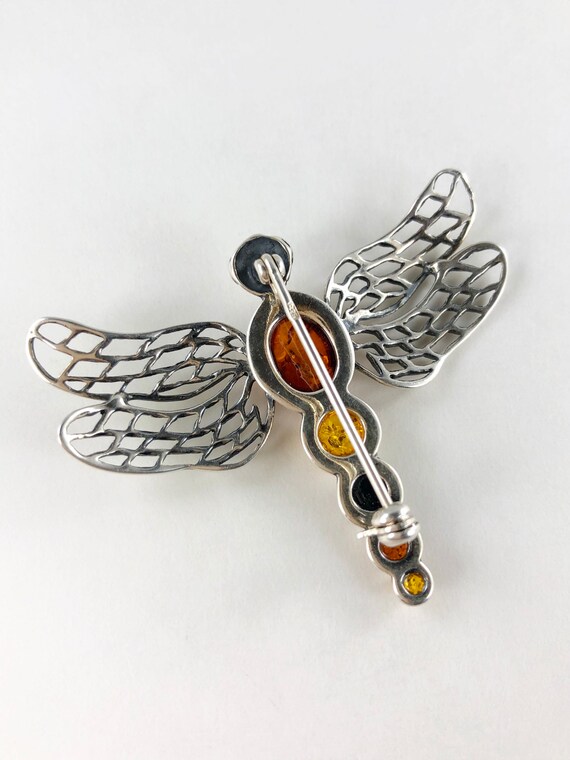 Tri Colors Amber dragonfly brooch 925 Silver - image 5