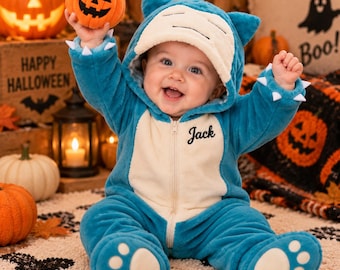 Personalized Baby Monster Onesie,Blue Animal Kigurumi Costume,Custom Embroidered Name Infant Romper,Cozy Halloween Pajama Outfit Gift
