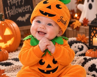 Personalized Infant Pumpkin Costume, Custom Name Baby Romper with Hat and Booties, Halloween Fall Photoshoot Outfit, First Halloween Gift