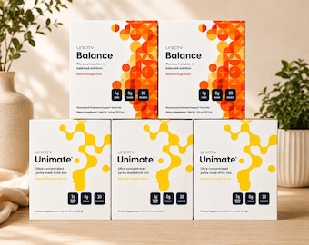 Paquete de 5 unidades de Unicity Balance y Unimate Combo / 2 cajas Balance + 3 cajas Unimate / Mezcla para bebida con sabor natural a naranja y limón