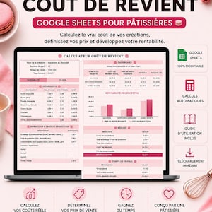 Peut inclure: Un tableur numérique de calcul de coût pour pâtissiers affiché sur un écran d'ordinateur, avec des accents roses et des images de macarons. L'interface comprend des sections pour les ingrédients, les coûts de production et les marges bénéficiaires.