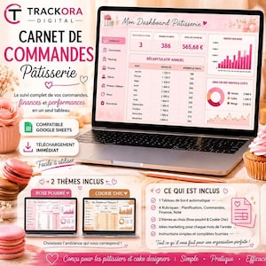 Peut inclure: Un tableau de bord numérique pour la gestion de commandes de pâtisserie affiché sur un écran d'ordinateur portable, présentant des graphiques de ventes, des tableaux de revenus mensuels et des indicateurs de performance dans une interface rose.