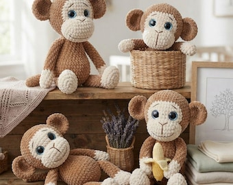 Padrão de crochê de macaco em PDF, macaco de pelúcia amigurumi, padrão de crochê de bichinho de pelúcia, tutorial para iniciantes