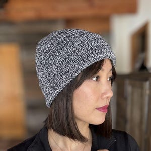 May include: A knit beanie featuring a speckled pattern of black and white yarn. The hat has a textured, ribbed construction with a folded brim edge, providing a snug fit around the head. The material displays a consistent, interwoven color blend.