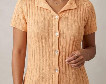 Modèle de haut en tricot d'été PDF, haut cardigan boutonné, modèle de tricot raglan de haut en bas, t-shirt d'été pour femmes