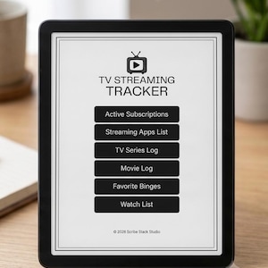 May include: A black digital tablet displaying a TV STREAMING TRACKER interface. The screen features a television icon and six black buttons labeled Active Subscriptions, Streaming Apps List, TV Series Log, Movie Log, Favorite Binges, and Watch List.