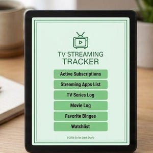 May include: A digital tablet displaying a light green TV Streaming Tracker interface with a television icon and six buttons labeled Active Subscriptions, Streaming Apps List, TV Series Log, Movie Log, Favorite Binges, and Watchlist, dated 2025.