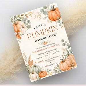 Watercolor Pumpkin Birthday Invitation, Fall Party, Editable Canva Template (Digital Download)