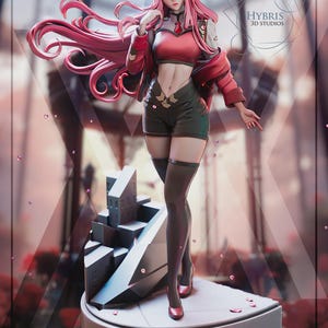 May include: A collectible anime-style figurine featuring a character with long pink hair, red horns, a red cropped jacket, and dark shorts. The figure stands on a base with a small gray building structure. The text Hybris 3D Studios is visible.