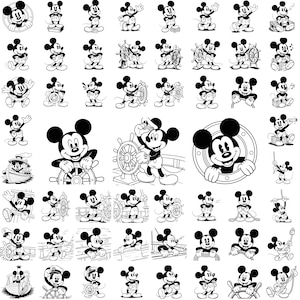 May include: A collection of black and white illustrations featuring Mickey Mouse in various nautical poses, including steering a ship, holding ropes, looking through a porthole, and standing on a boat deck, all rendered in a classic cartoon style.