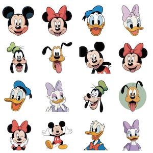 May include: A collection of sixteen colorful cartoon character illustrations featuring Mickey Mouse, Minnie Mouse, Donald Duck, Daisy Duck, Goofy, and Pluto in various expressive poses, facial expressions, and outfits on a plain white background.