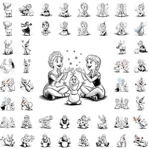 Pacchetto di immagini PNG di Frozen, clipart per sublimazione con Elsa, Anna e Olaf in bianco e nero.