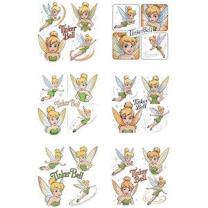 May include: A collection of six graphic panels featuring the animated character Tinker Bell in various poses, including flying and standing, with translucent wings, blonde hair in a bun, and a green dress. The text Tinker Bell appears in script.