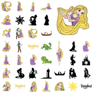 May include: A collection of Tangled themed stickers featuring Rapunzel with long blonde hair, Flynn Rider, Pascal the chameleon, the sun emblem, the tower, and silhouettes. The set includes various poses, the Tangled logo, and a boat scene.