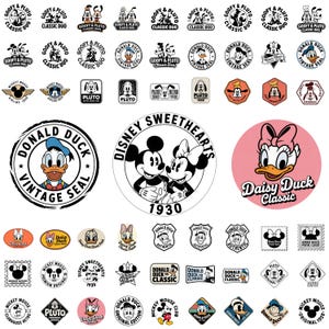 May include: A collection of various Disney character stickers featuring Mickey Mouse, Minnie Mouse, Donald Duck, Daisy Duck, and Pluto. The designs include circular, rectangular, and diamond shapes with black, white, and colored graphic illustrations.