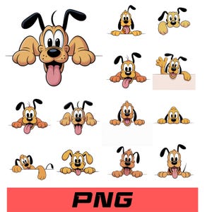 May include: A collection of digital illustrations featuring a cartoon dog with tan fur, black ears, and a pink tongue, shown in various poses peeking over edges or holding blank signs. The graphic set includes multiple expressions and positions.