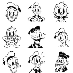 以下が含まれることがあります： 漫画のキャラクターであるアヒルの頭部と上半身を描いた、9つの白黒の線画イラスト集。各画像には、怒り、喜び、ウィンク、驚きなど、それぞれ異なる表情やポーズが描かれています。