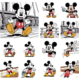 May include: A collection of illustrations featuring Mickey Mouse in various poses, including walking, waving, pointing, and holding a bucket, set against a ship deck background. The character wears red shorts, white gloves, and yellow shoes.