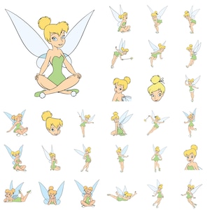 Puede incluir: Una colección de ilustraciones digitales de un personaje de hada rubia con peinado de moño alto, ojos azules, alas translúcidas y un vestido verde. El personaje se muestra en varias poses, incluyendo sentada, volando y de pie.