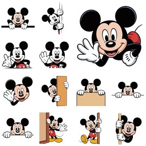 May include: A collection of twelve illustrations of Mickey Mouse in various poses, featuring the character with black ears, a tan face, red shorts, and white gloves. The character is shown waving, peeking from behind borders, and holding signs.