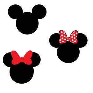 May include: Three black silhouettes of mouse heads arranged on a white background. One head is plain, one features a solid red bow, and the third features a red bow with white polka dots. The designs are flat, graphic, and minimalist in style.
