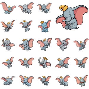 May include: A collection of twenty-two illustrations of a small gray elephant with large pink ears and a yellow hat. The elephant is depicted in various poses, including flying, sitting, and holding a white feather in its trunk.