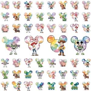 May include: A collection of stickers featuring various cartoon characters from Toy Story and Mickey Mouse, each framed within a colorful, watercolor-style Mickey Mouse ear silhouette. The characters include Buzz Lightyear, Woody, Jessie, Rex, Slinky Dog, Hamm, Mr. Potato Head, and the Little Green Men.